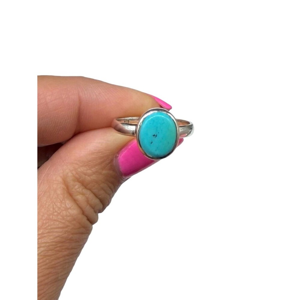 Aztec Mountain Turquoise Ring Size 7 Solid 925 Sterling Silver Oval Stone - Picture 3 of 6